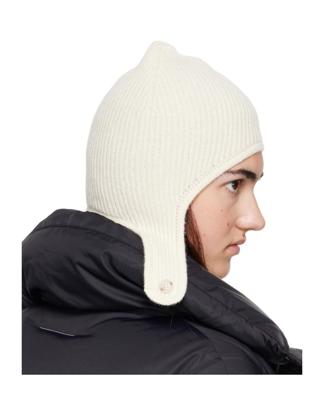 MM6 by Maison Margiela White Ribbed-Knit Button-Fastening Beanie Hat