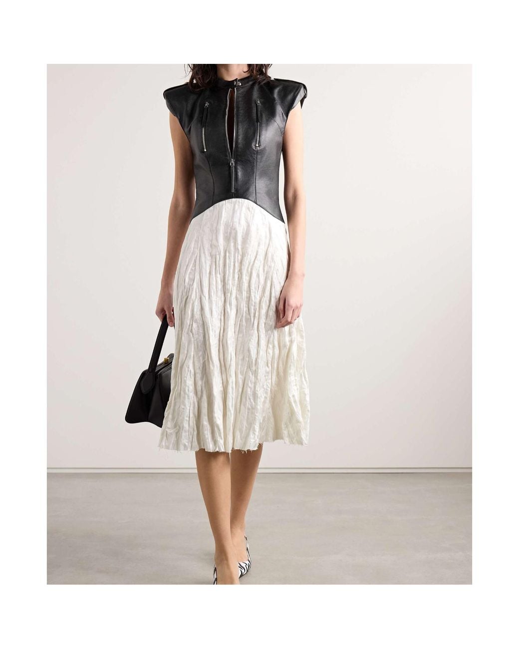 Gabriela Hearst White Athena Paneled Leather And Crinkled Silk-Blend Twill Midi Dress
