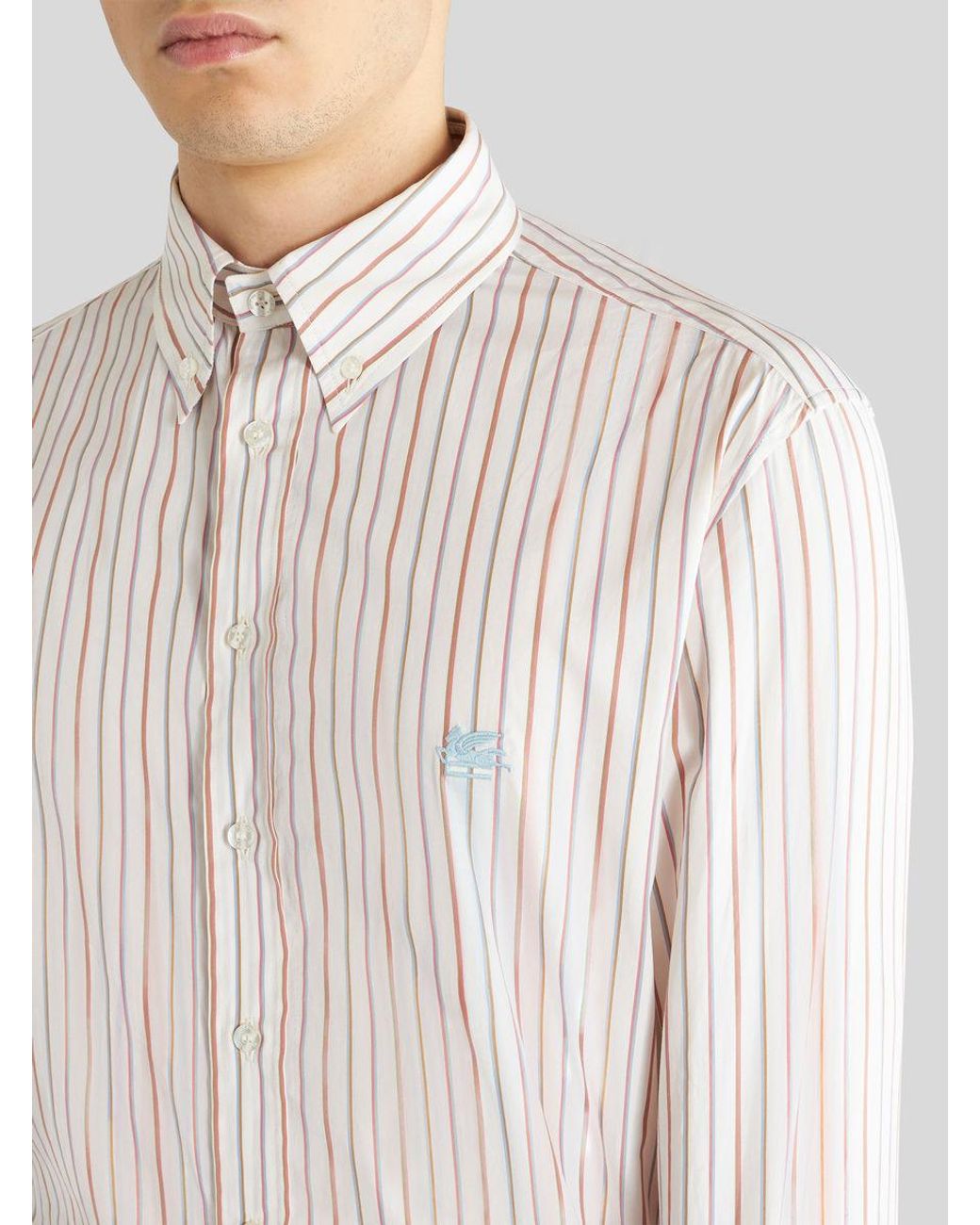 Etro White Logo Embroidered Striped Long-Sleeved Shirt for men