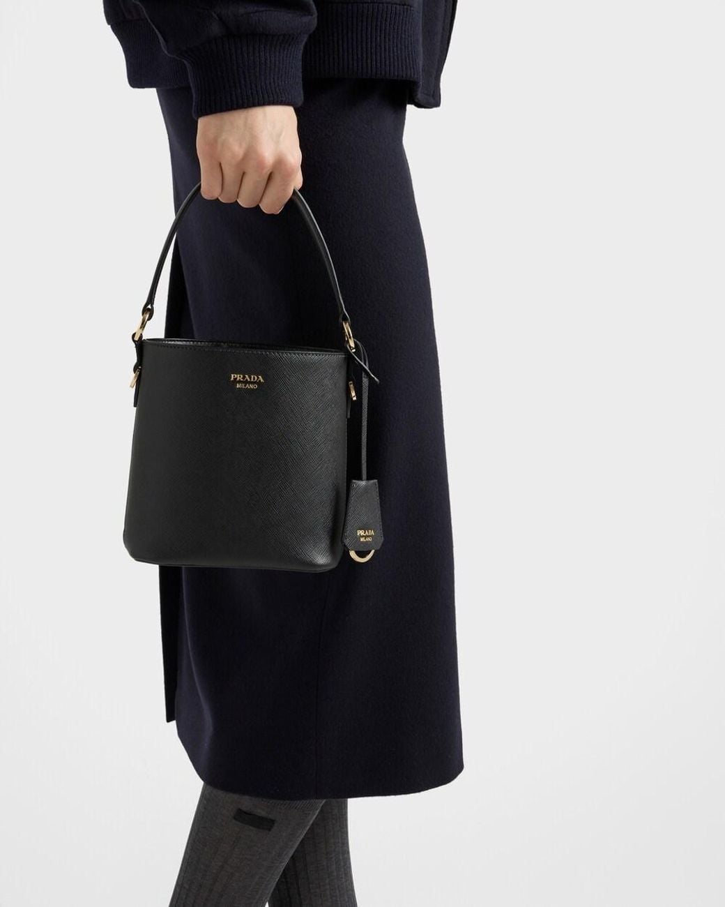 Prada Black Saffiano-Leather Mini Bucket Bag