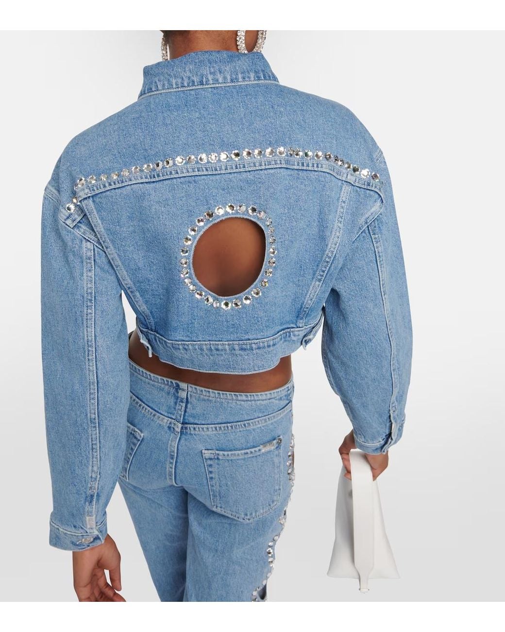 7 For All Mankind Blue Babe Embellished Cropped Denim Jacket