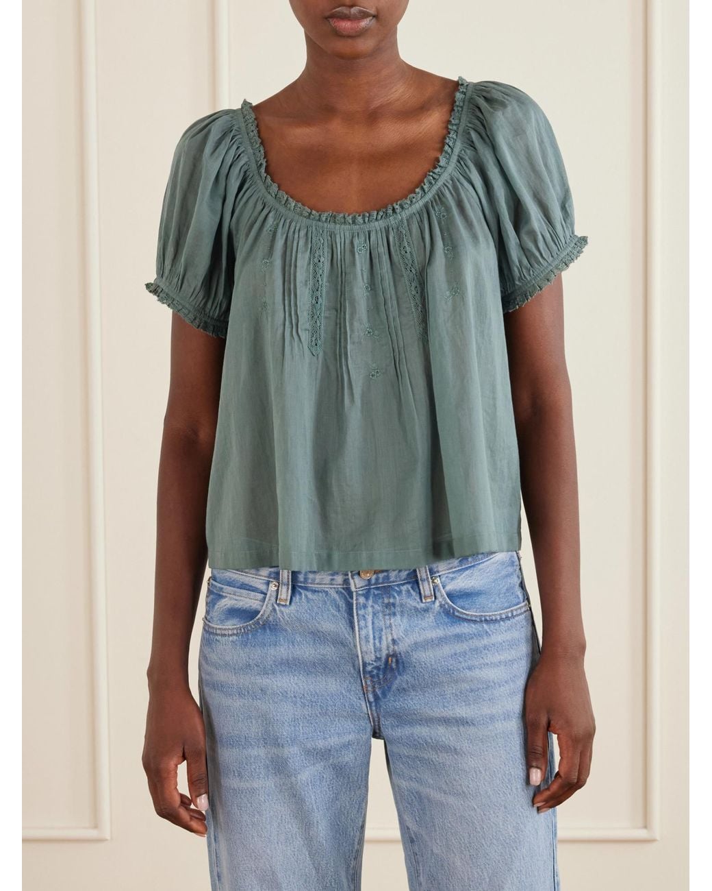 Doen Blue Vintage Lace Trimmed Blouse