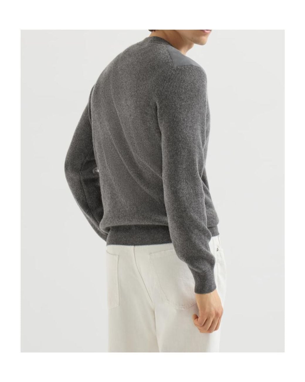 Brunello Cucinelli Gray Cashmere Ribbed Sweater With Cotton Inserts for men