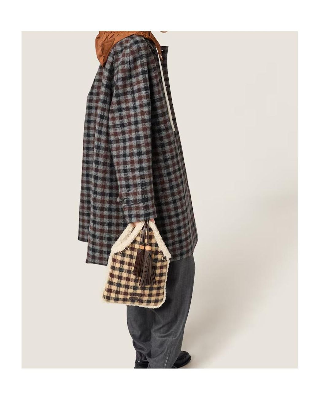 Miu Miu Natural Gingham And Shearling Handbag