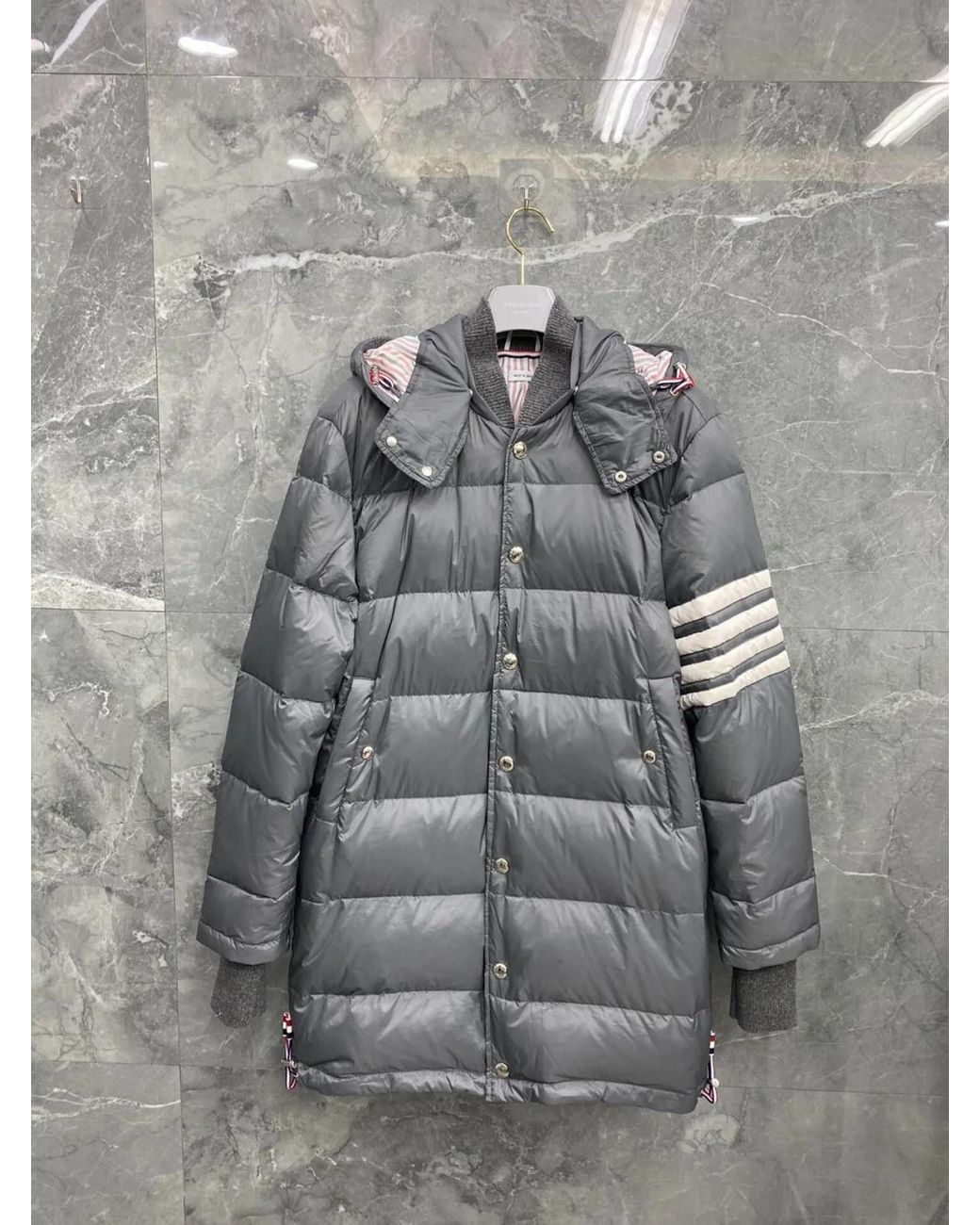 Thom Browne Gray Striped Padded Hooded Jacket for men