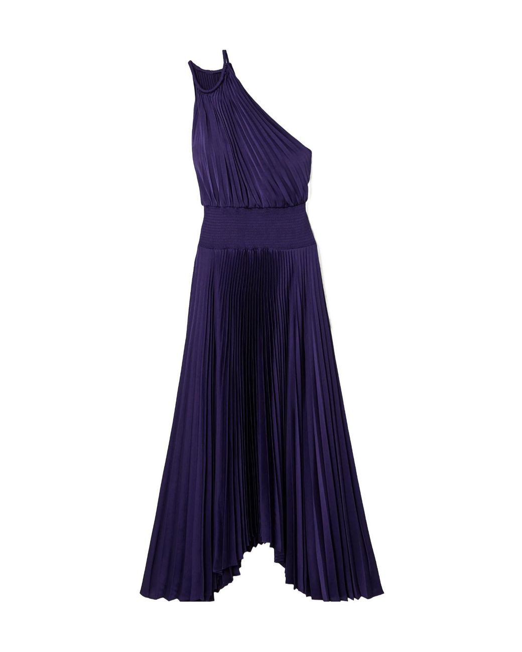 A.L.C. Blue Asymmetric Pleated Satin Midi Dress