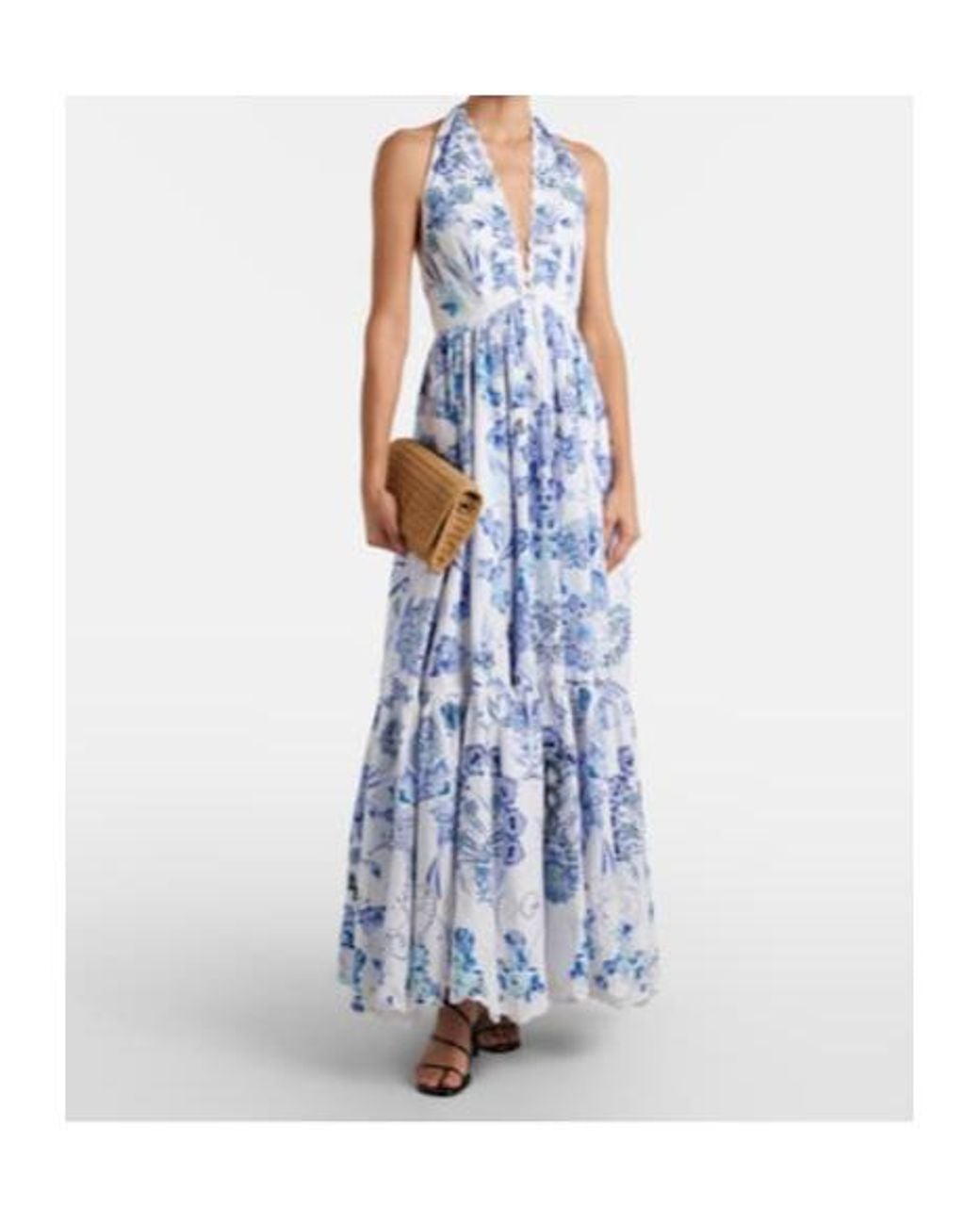 Camilla Blue Embellished Halterneck Cotton Poplin Maxi Dress