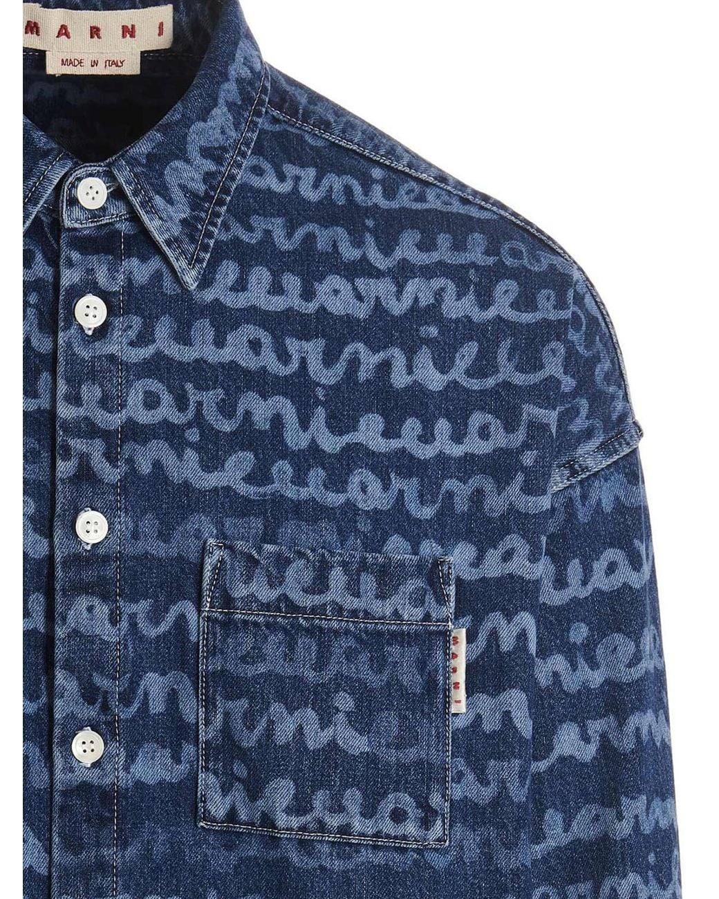 Marni Blue Logo Printed Buttoned Denim Shirt for men