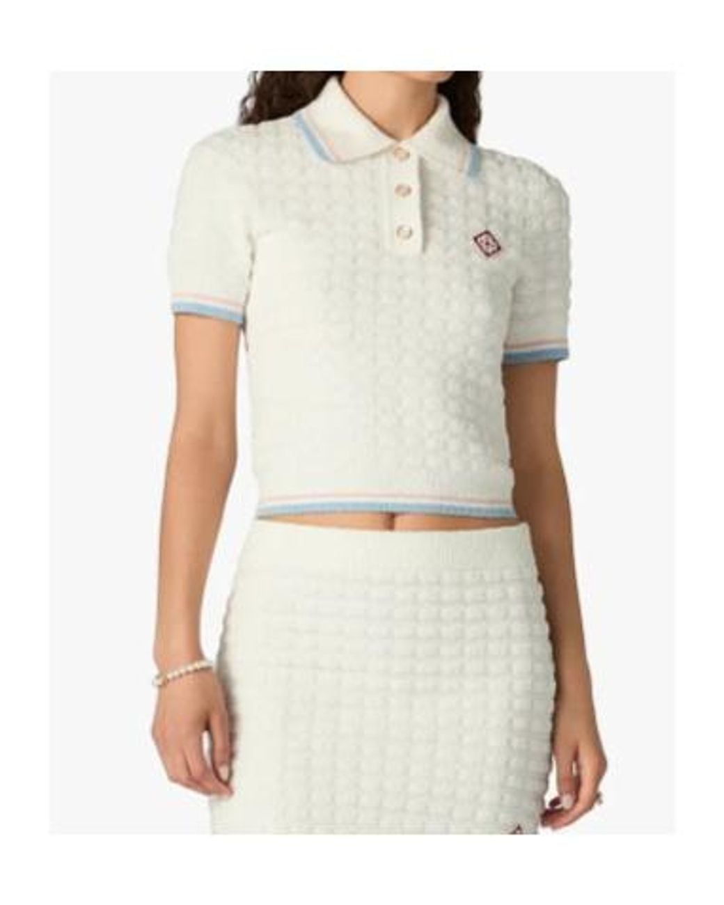 Casablanca White Textured Bouclé Logo Patch Polo Top