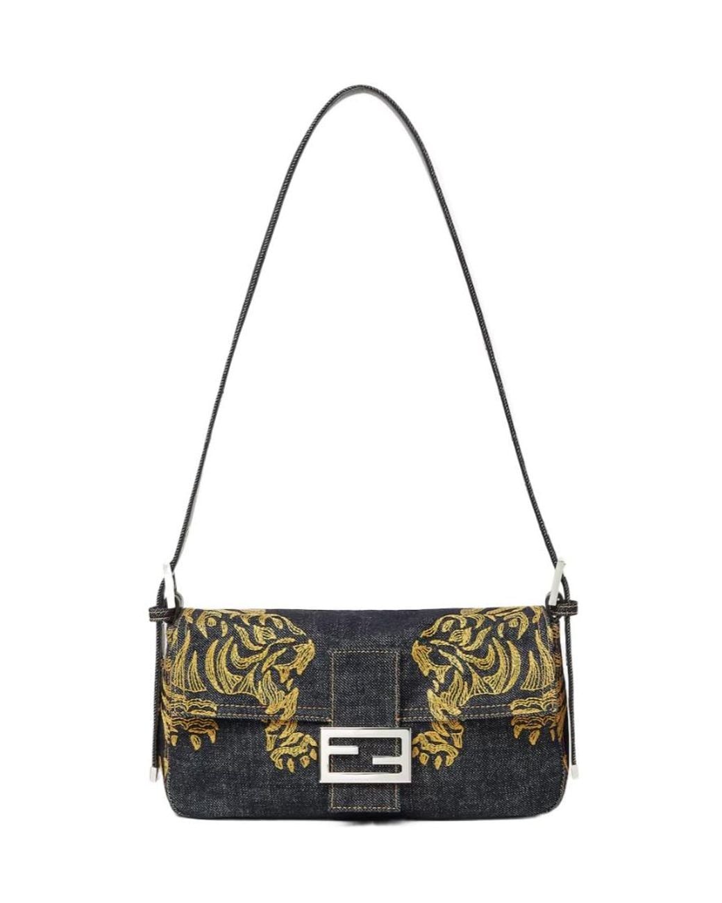 Fendi Black Baguette 26424 Dark Denim Bag With Embroidery