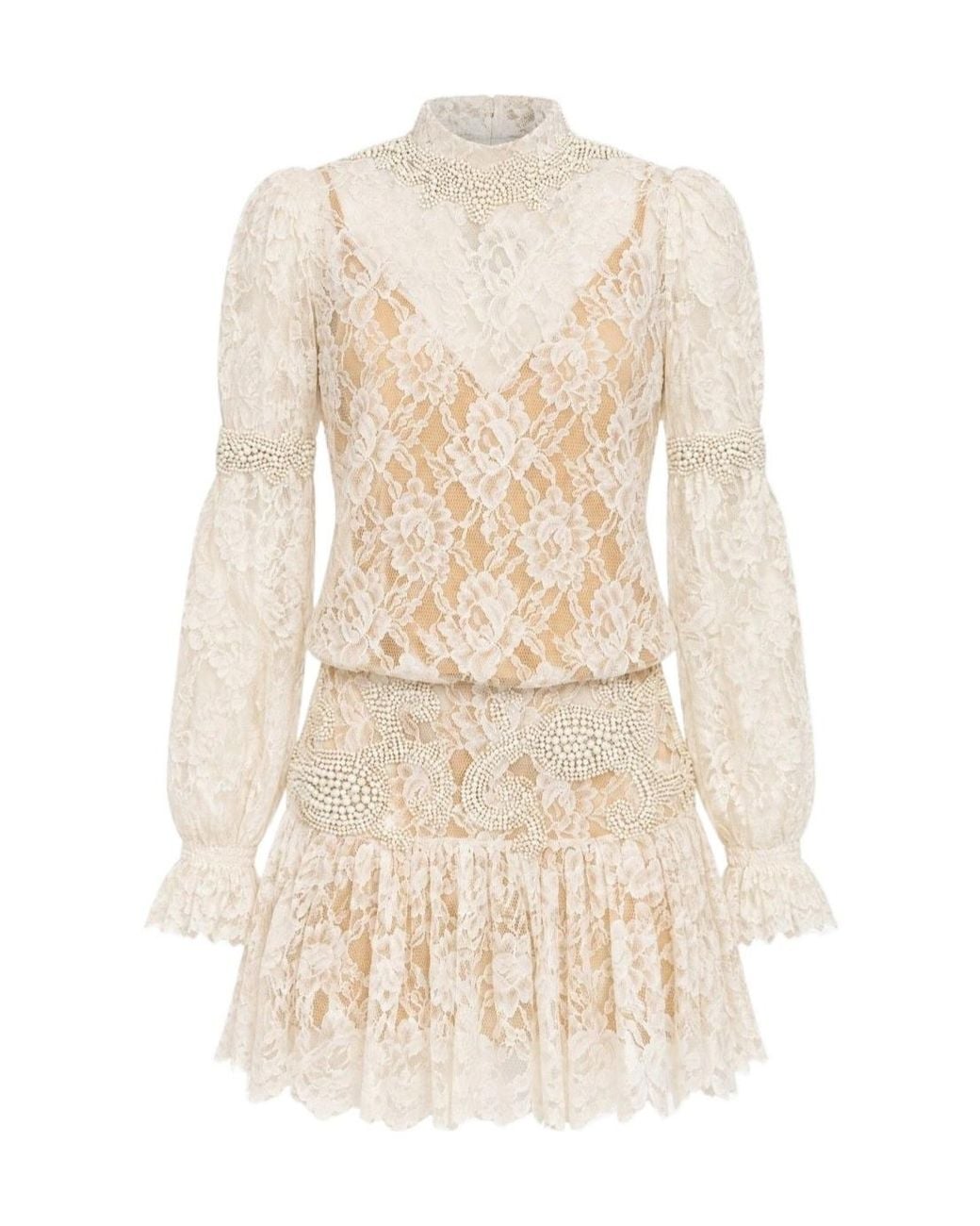 GIUSEPPE DI MORABITO Natural Long-Sleeved Lace Dress