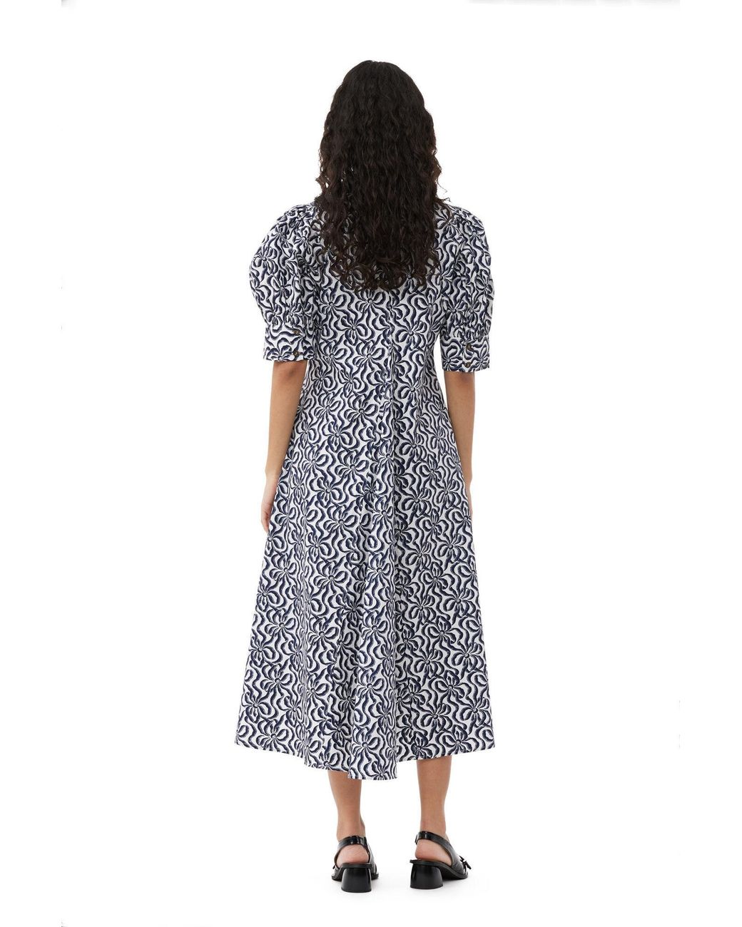 Ganni Blue Printed Cotton Poplin V-Neck Long Dress