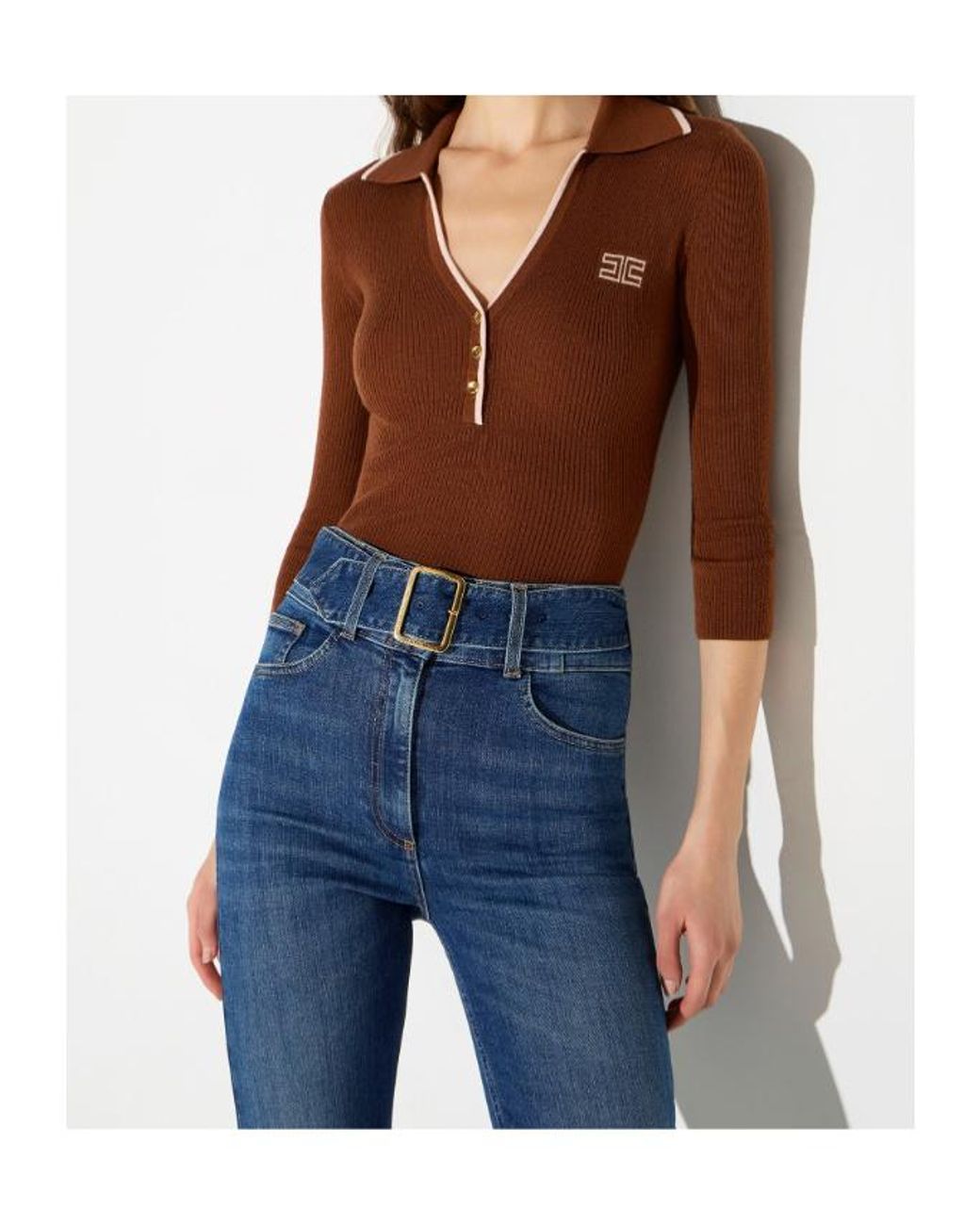 Elisabetta Franchi Brown Logo Knit Polo Top