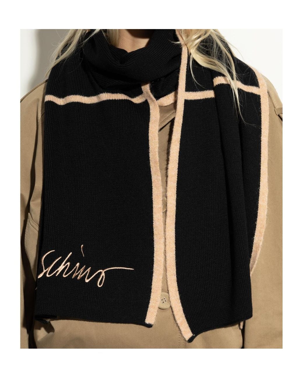 Moschino Black Logo Embroidery Striped Scarf for men