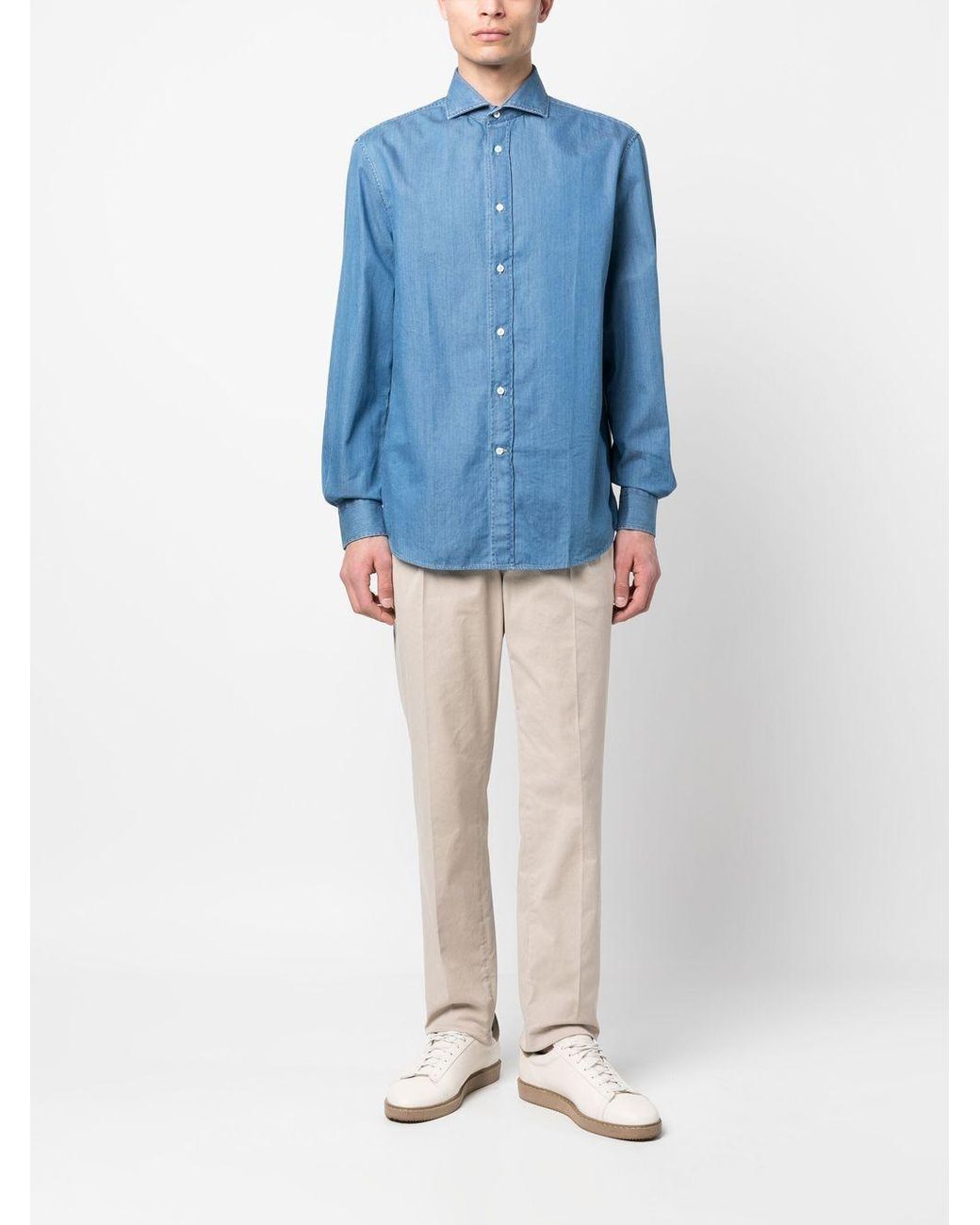 Brunello Cucinelli Blue Curved Hem Buttoned Denim Shirt for men