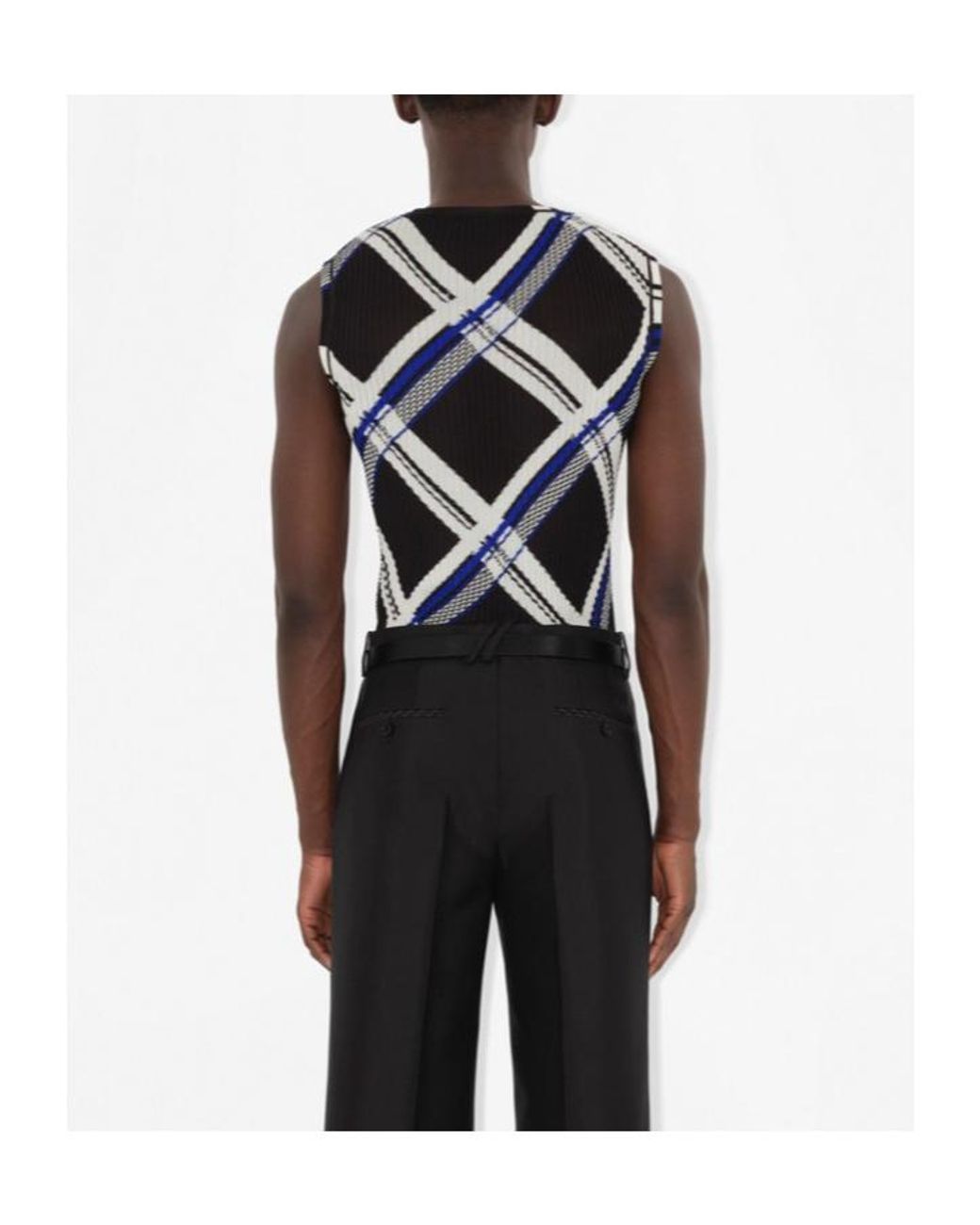 Burberry Blue Checked Ribbed-Knit Sleeveless Top for men