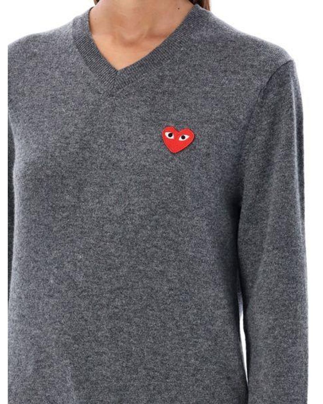 COMME DES GARÇONS PLAY Gray Comme Des Garçons Play Heart Embroidered V-Neck Jumper for men