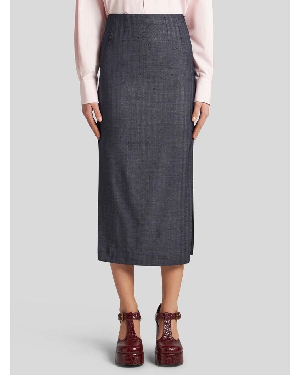 Etro Blue High-Waist Striped Midi Pencil Skirt
