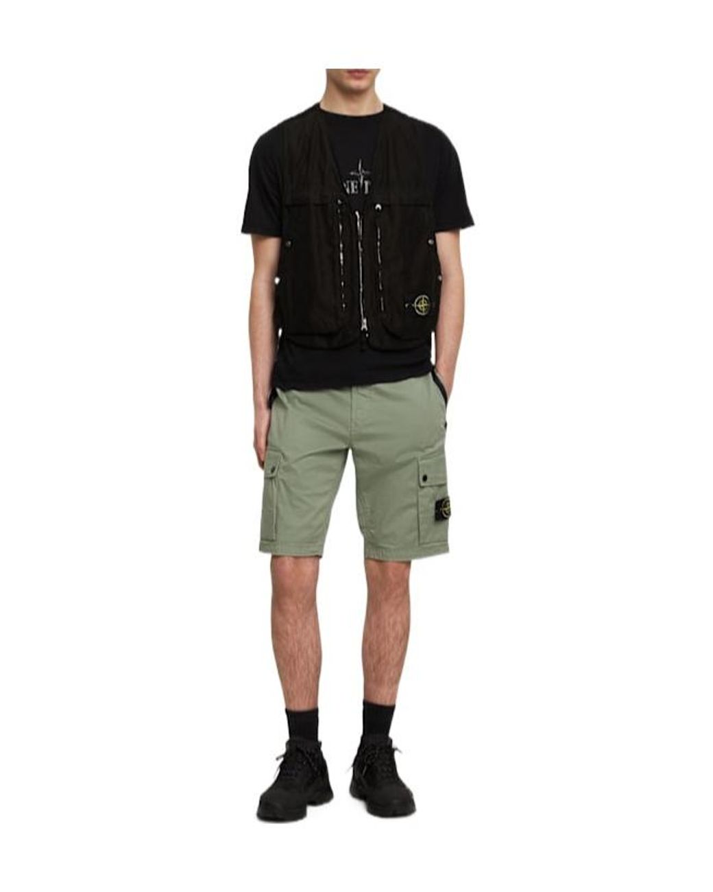 Stone Island Green Stretch Cotton Logo Patch Shorts for men