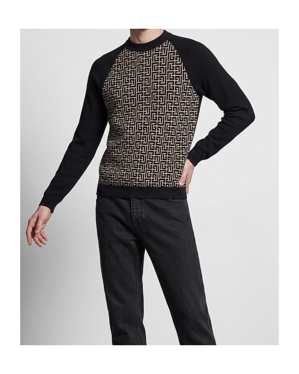 Balmain Black Pb Monogram Crew Knitted Sweater for men