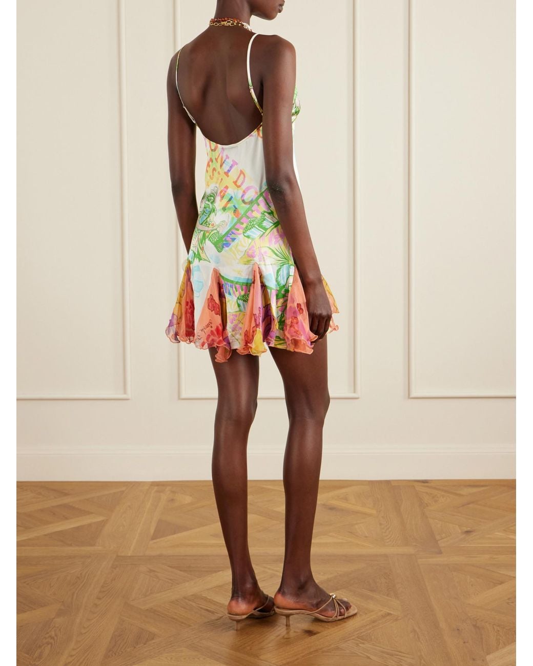 Donde Esteban Green Sonido Bestial Ruffled Lace-Trimmed Printed Silk-Blend Satin And Chiffon Mini Dress