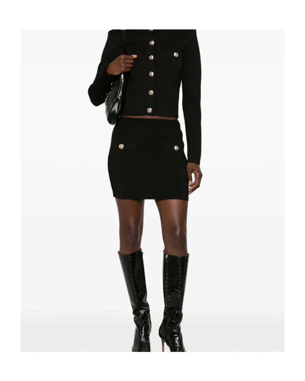 Balmain Black Button-Embellished Knitted Mini Skirt