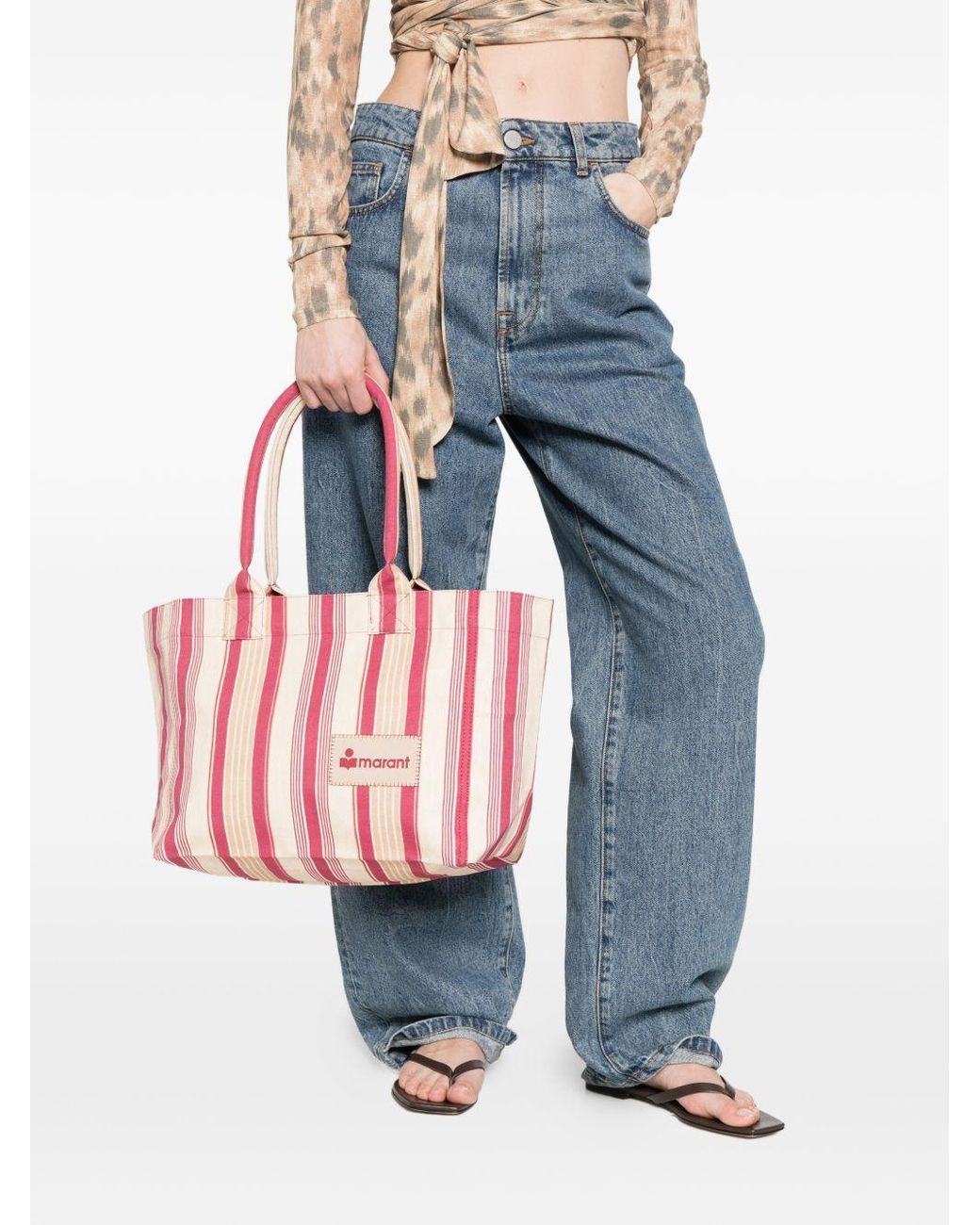 Isabel Marant Pink Logo Patch Striped Tote Bag