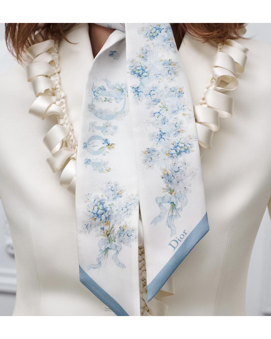 Dior White Floral Print Skinny Scarf