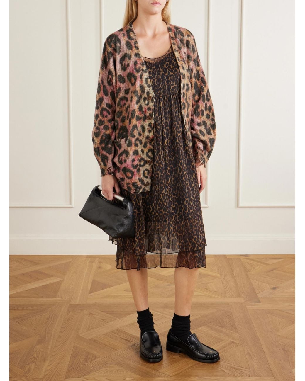 R13 Brown Gathered Tiered Animal-Print Silk-Chiffon Midi Dress