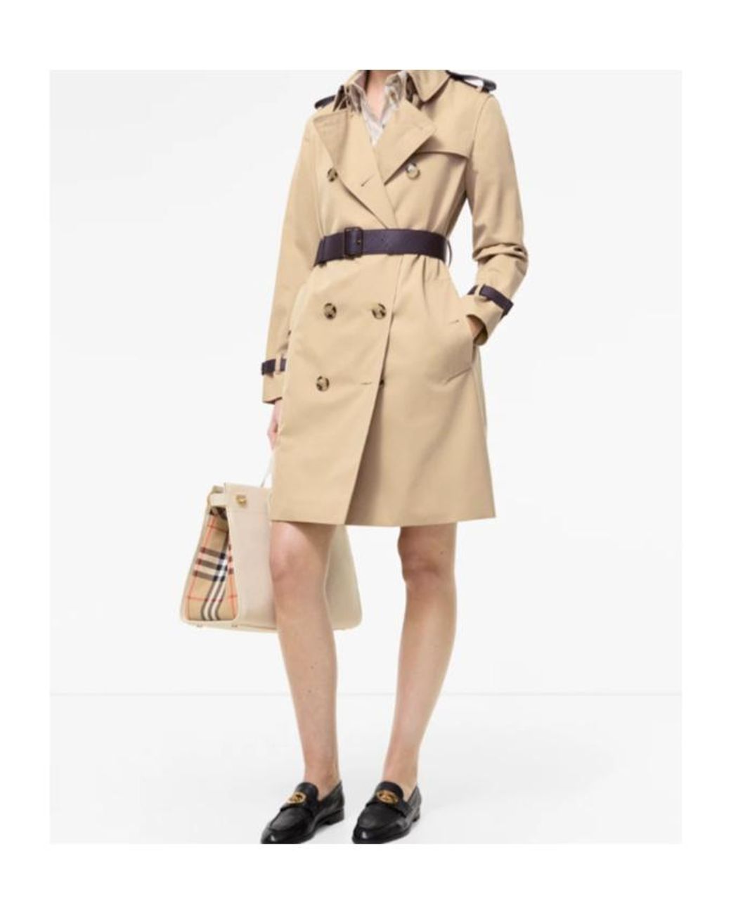 Burberry Natural Kensington Leather-Trim Double-Breasted Trench Coat