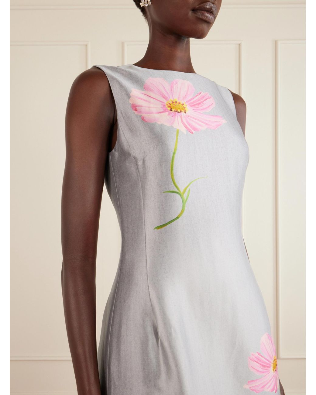 Oscar de la Renta White Floral-Print Satin Midi Dress