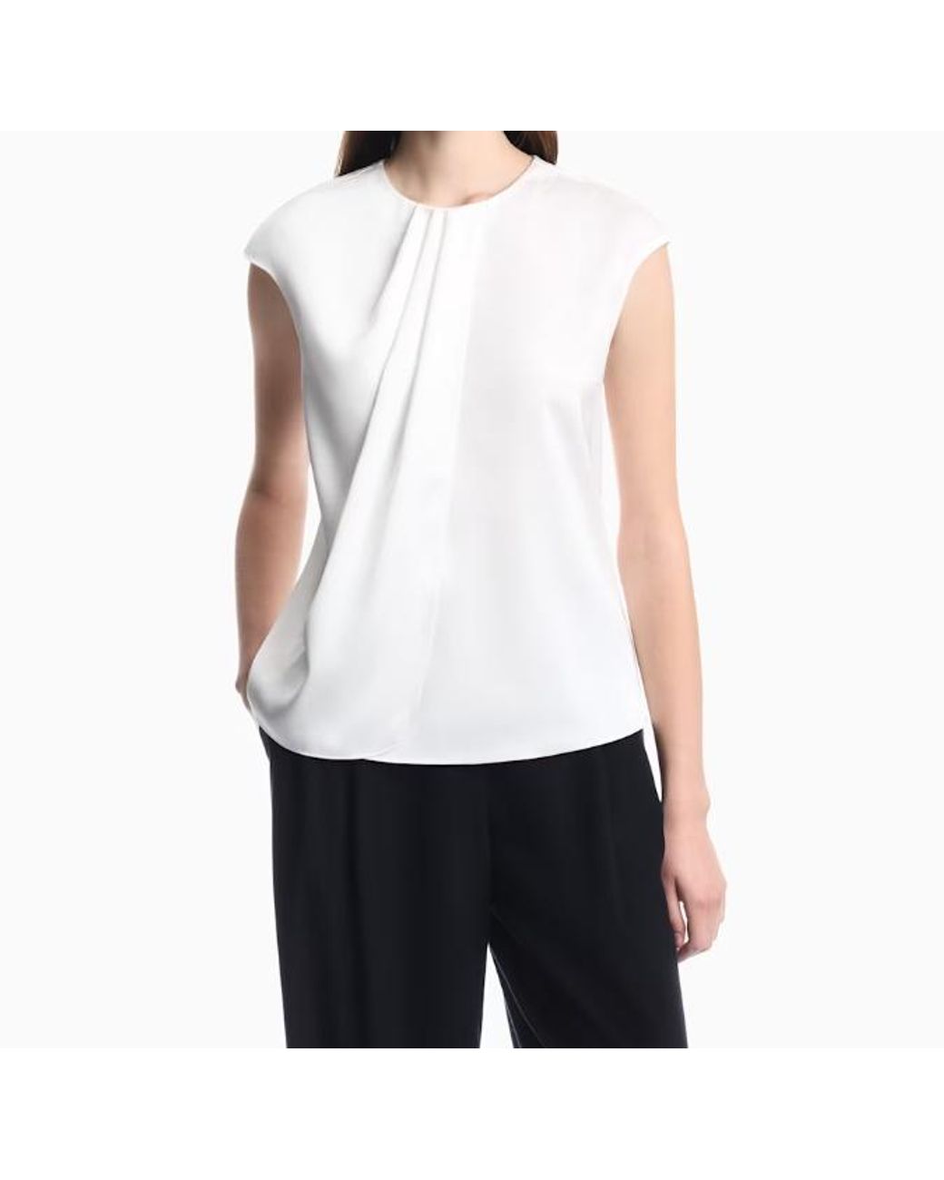 Emporio Armani White Crewneck Pleated Cap-Sleeved Blouse