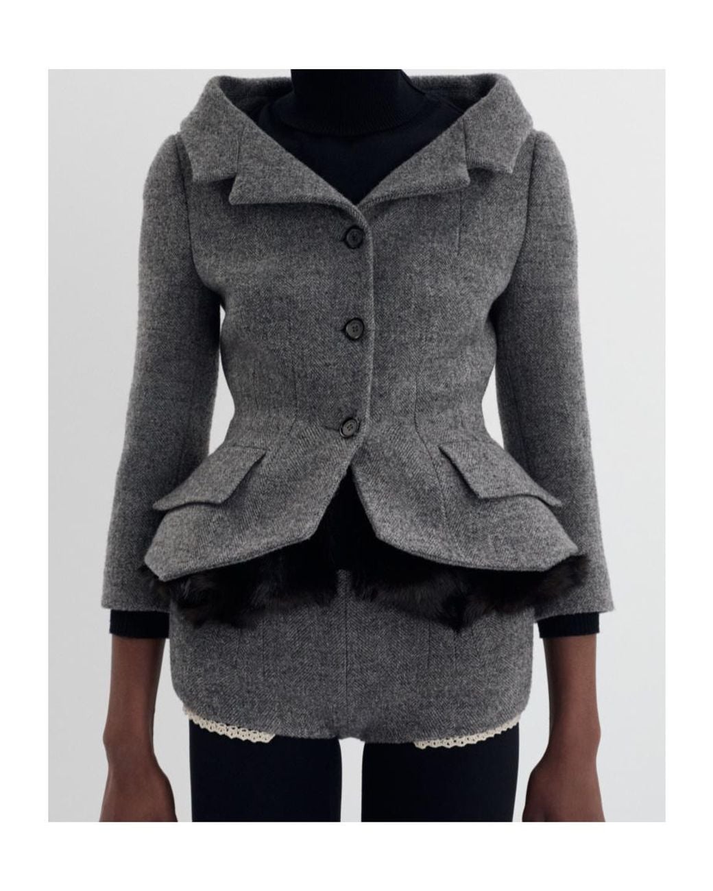 Magda Butrym Gray Herringbone-Pattern Faux-Fur-Trim Blazer