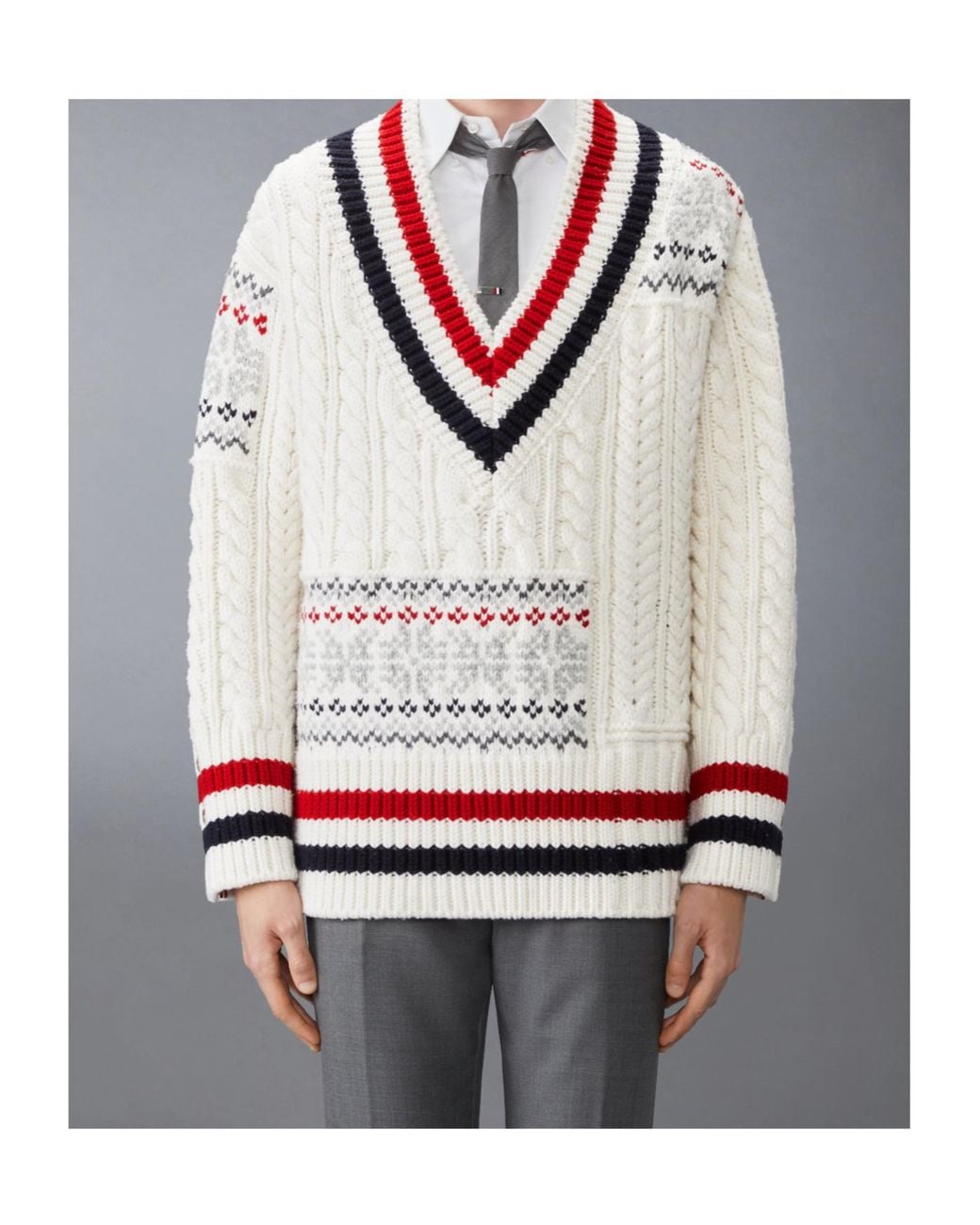 Thom Browne Gray Merino-Wool Fair Isle Cable-Knit Pullover for men