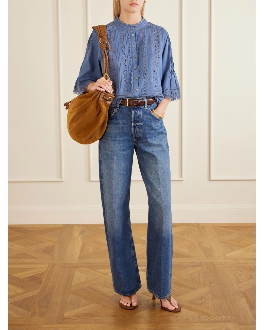 Sea Blue Crochet-Trimmed Cotton Blouse