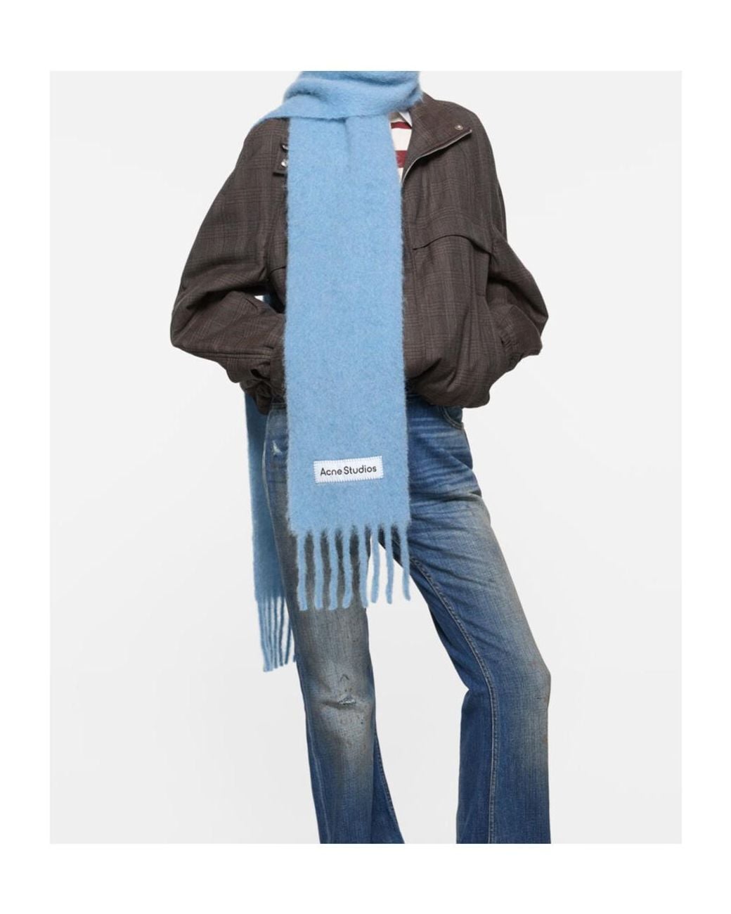 Acne Blue Logo Patch Fringed Edge Scarf
