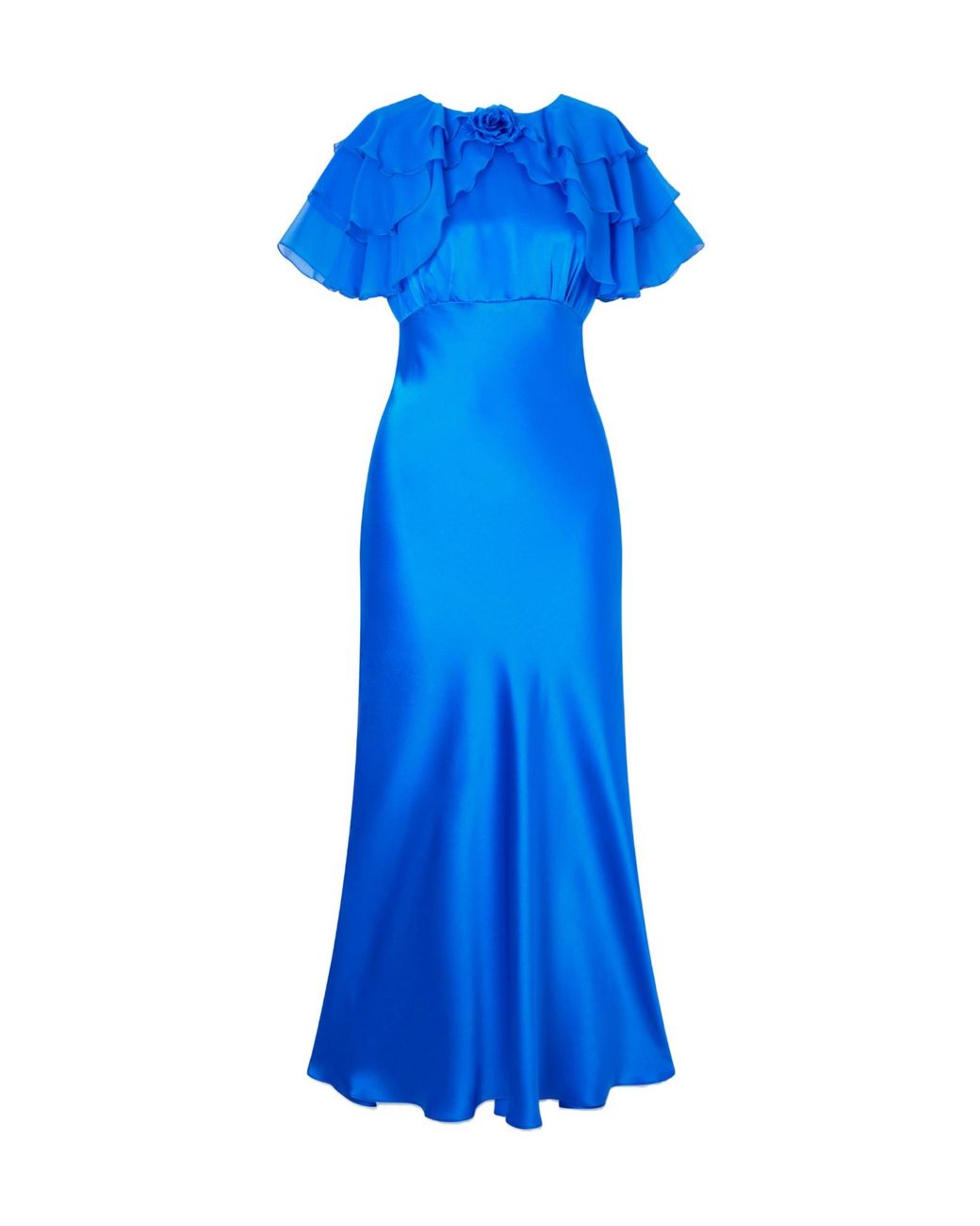 Rodarte Blue Ruffled Cape-Effect Floral-Appliquéd Silk-Satin Midi Dress