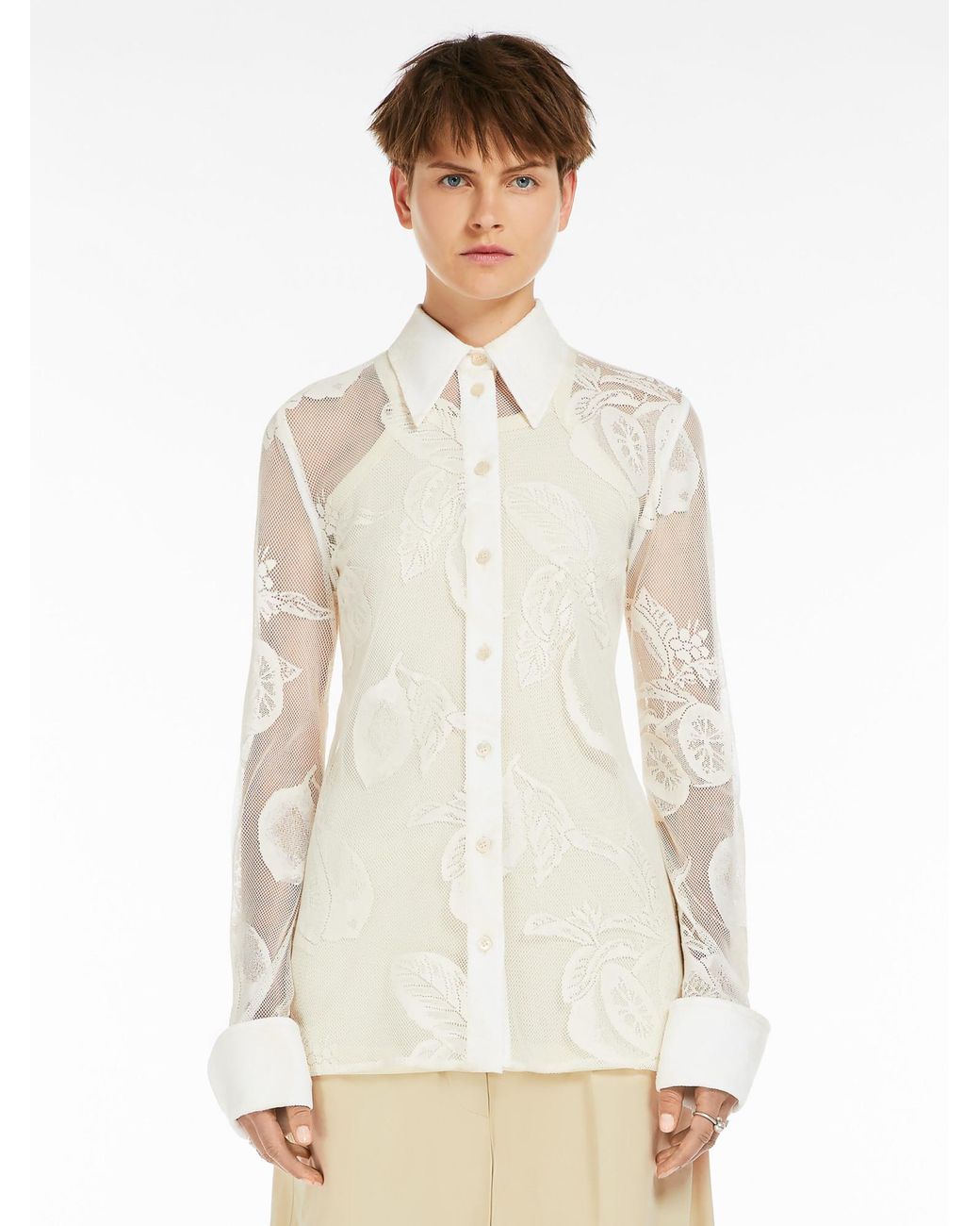 Sportmax White Lace Detailed Long-Sleeved Top