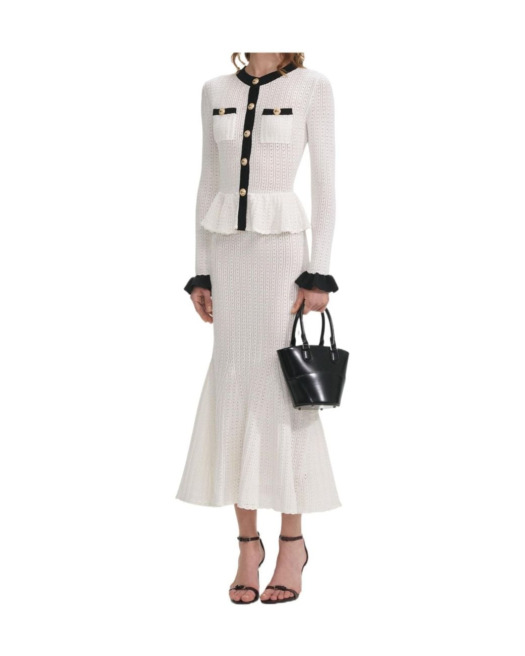 Self-Portrait White Pointelle Knit Contrast Midi Dress