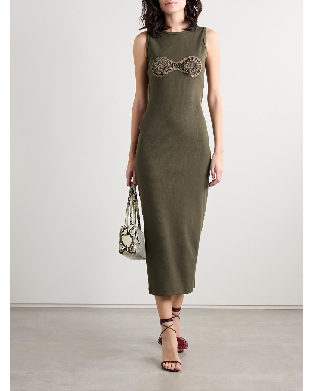 Magda Butrym Green Crochet-Trimmed Ribbed Jersey Midi Dress