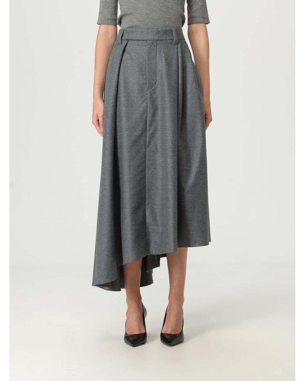 Brunello Cucinelli Gray Asymmetrical Hem Midi Skirt