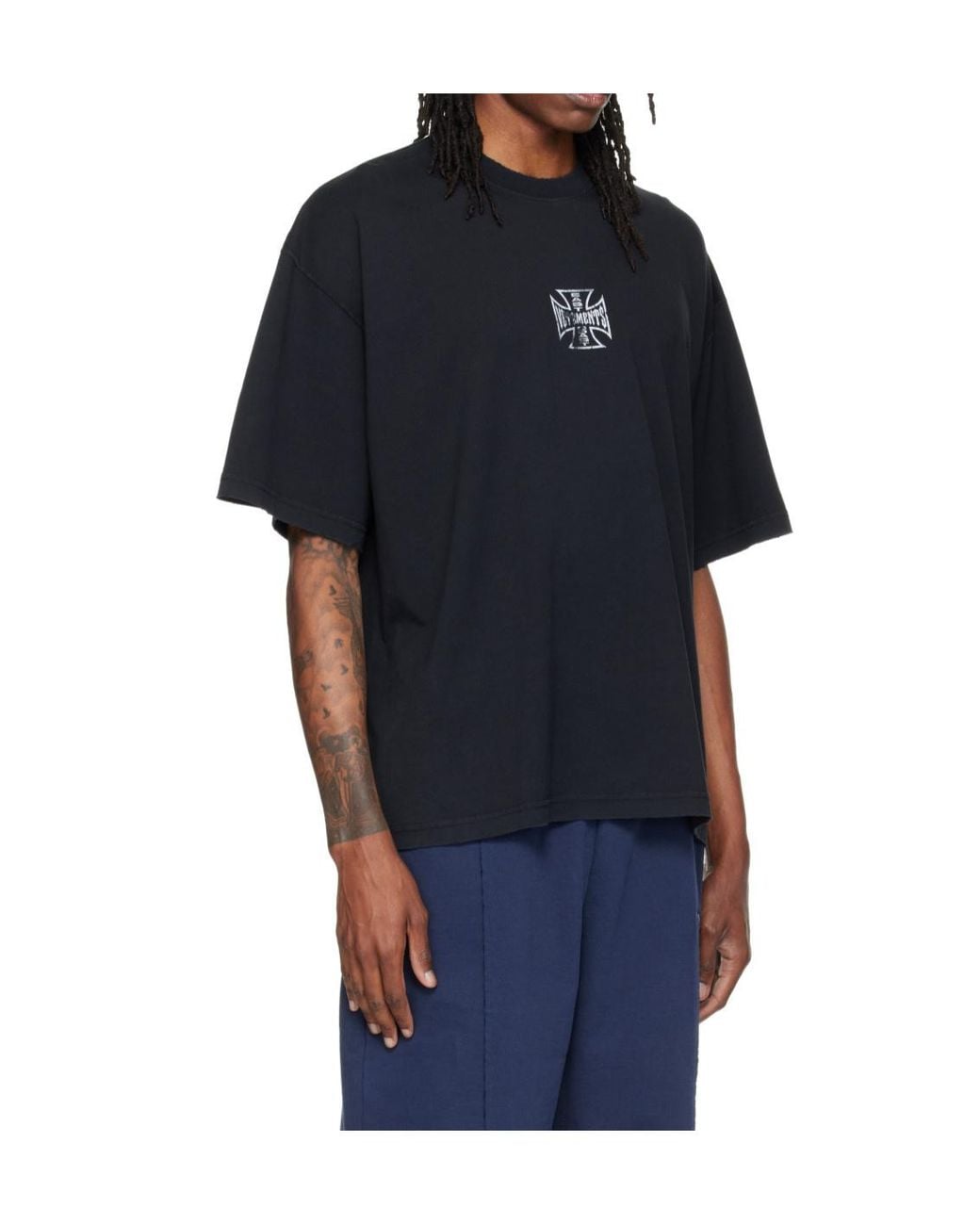 Vetements Black Oversized T-Shirt With Biker-Style Cross Graphic for men
