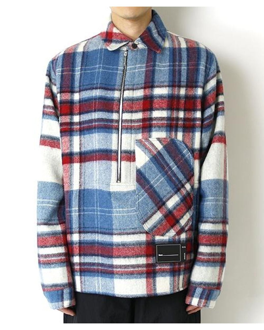 we11done Blue Front-Zip Checked Overshirt for men