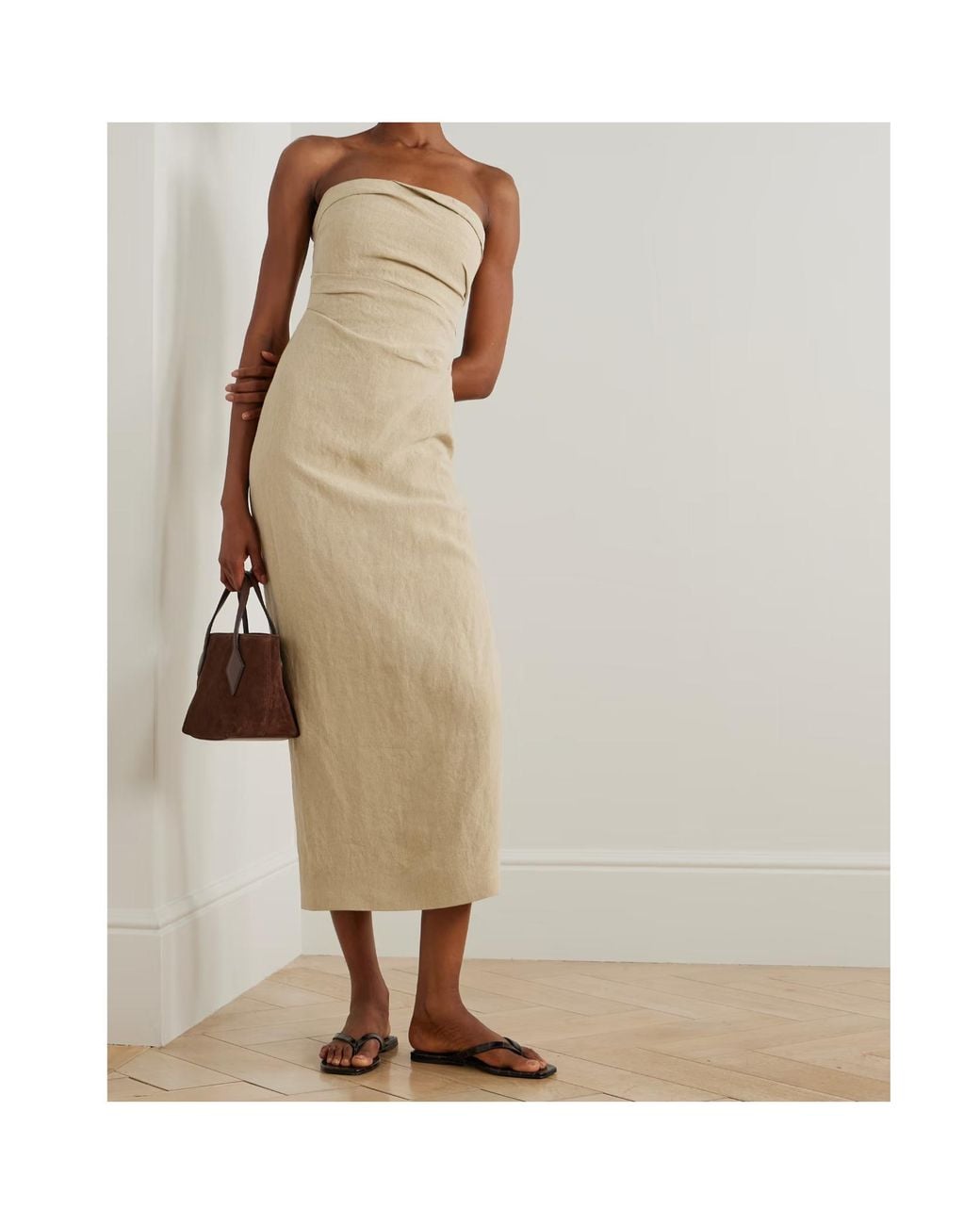 TOVE Natural Sabella Strapless Gathered Linen Midi Dress