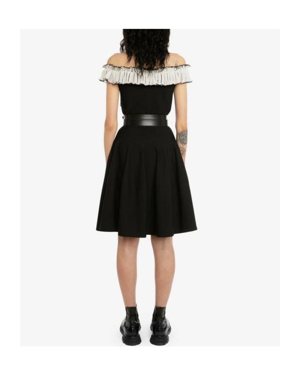 McQueen Black Off-Shoulder Flared Dress