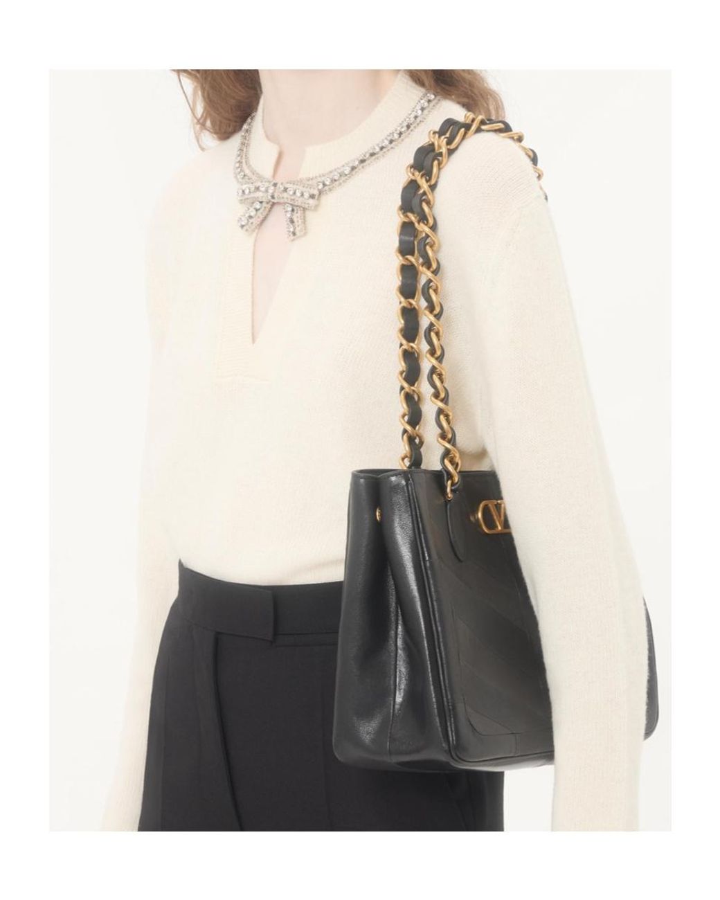Valentino Natural Bow Embellished V-Neck Jumper