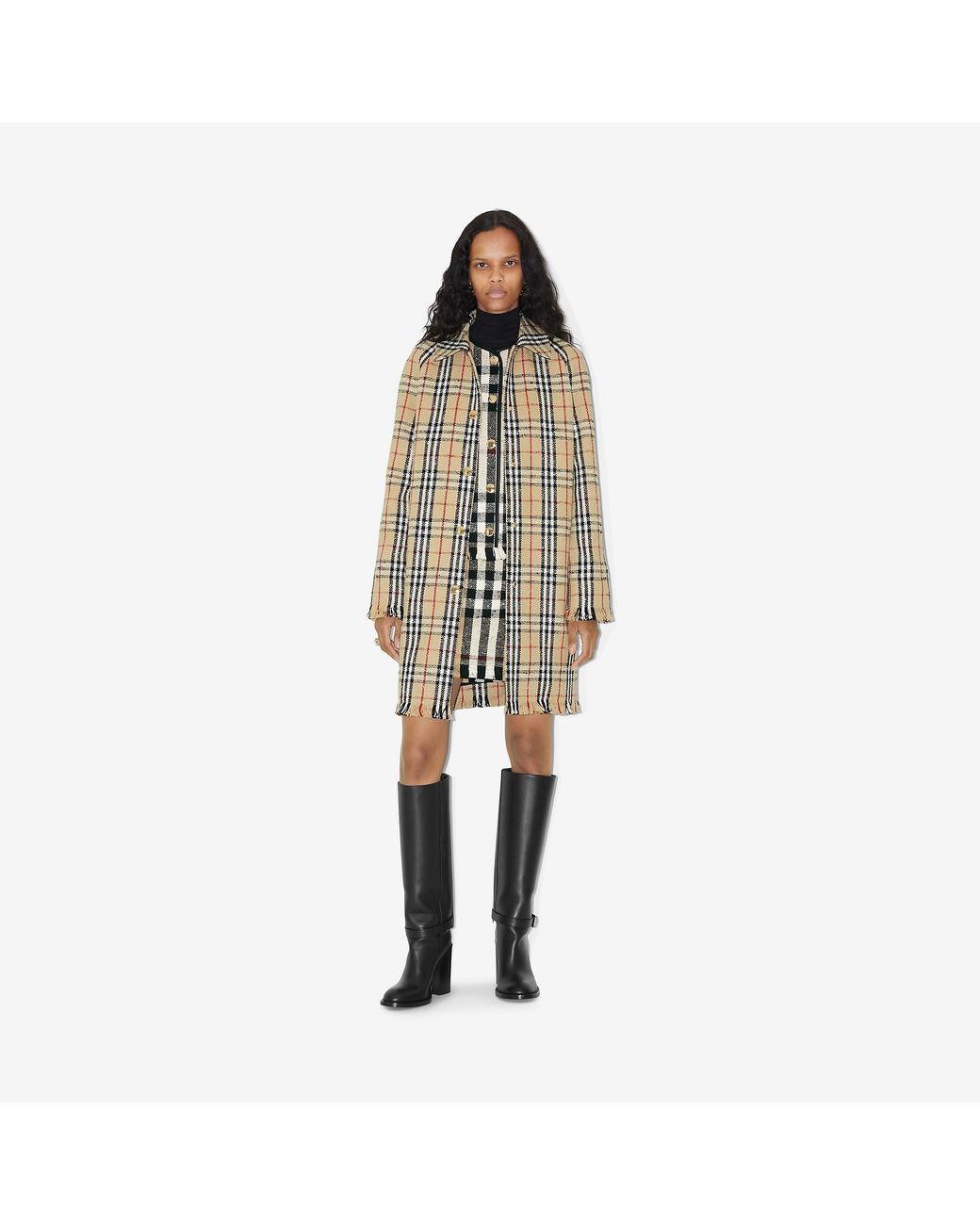 Burberry Natural Checked Fringed-Edge Buttoned Coat