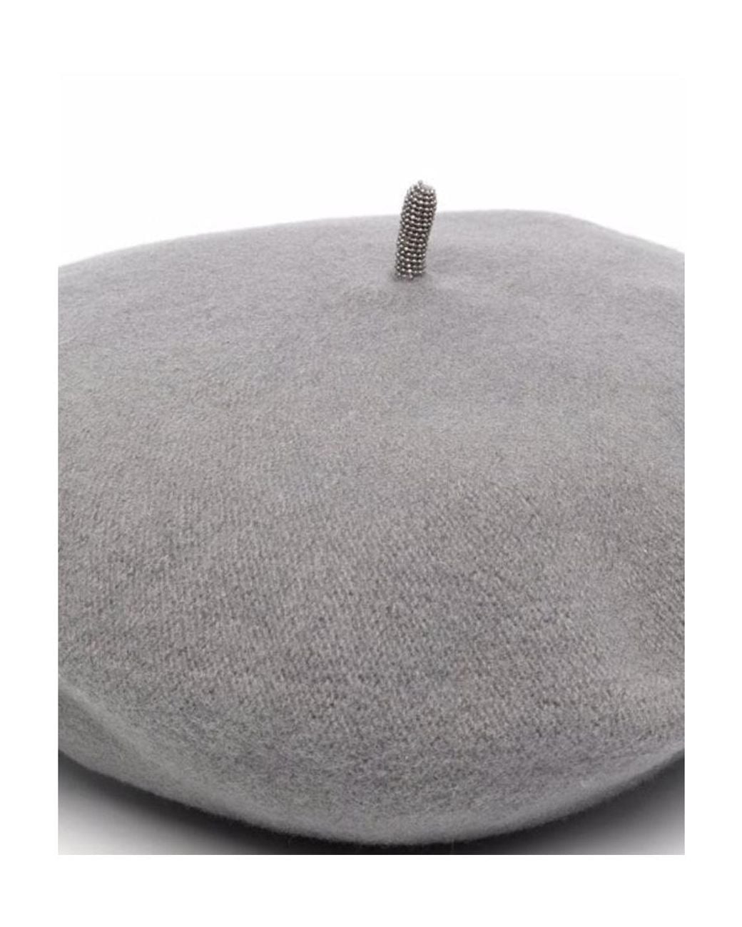 Brunello Cucinelli Gray Bead-Embellished Wool Beret