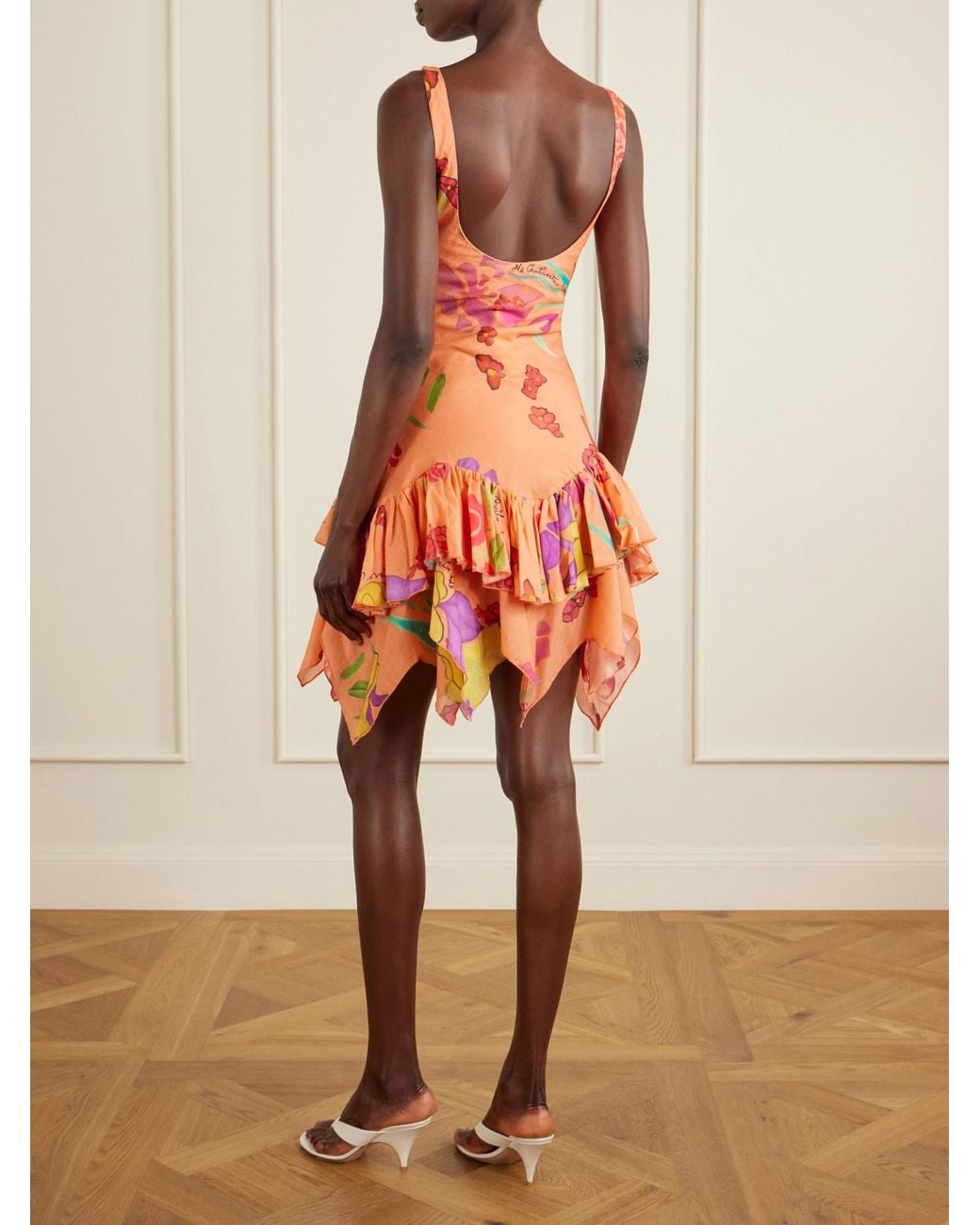 Donde Esteban Orange Guava Flores Ruffled Printed Cotton-Voile Mini Dress