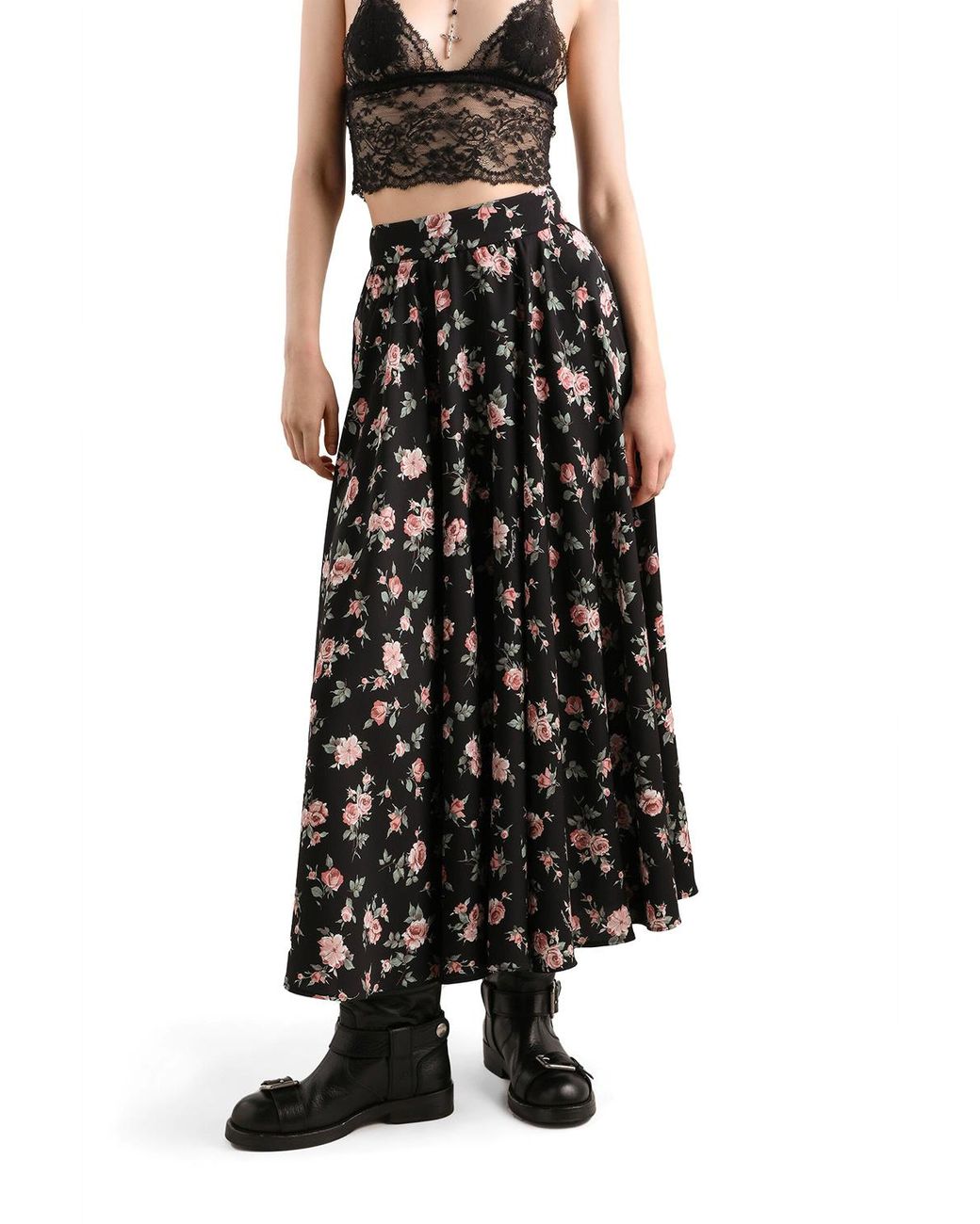 Dolce & Gabbana Black Floral-Print Midi Skirt